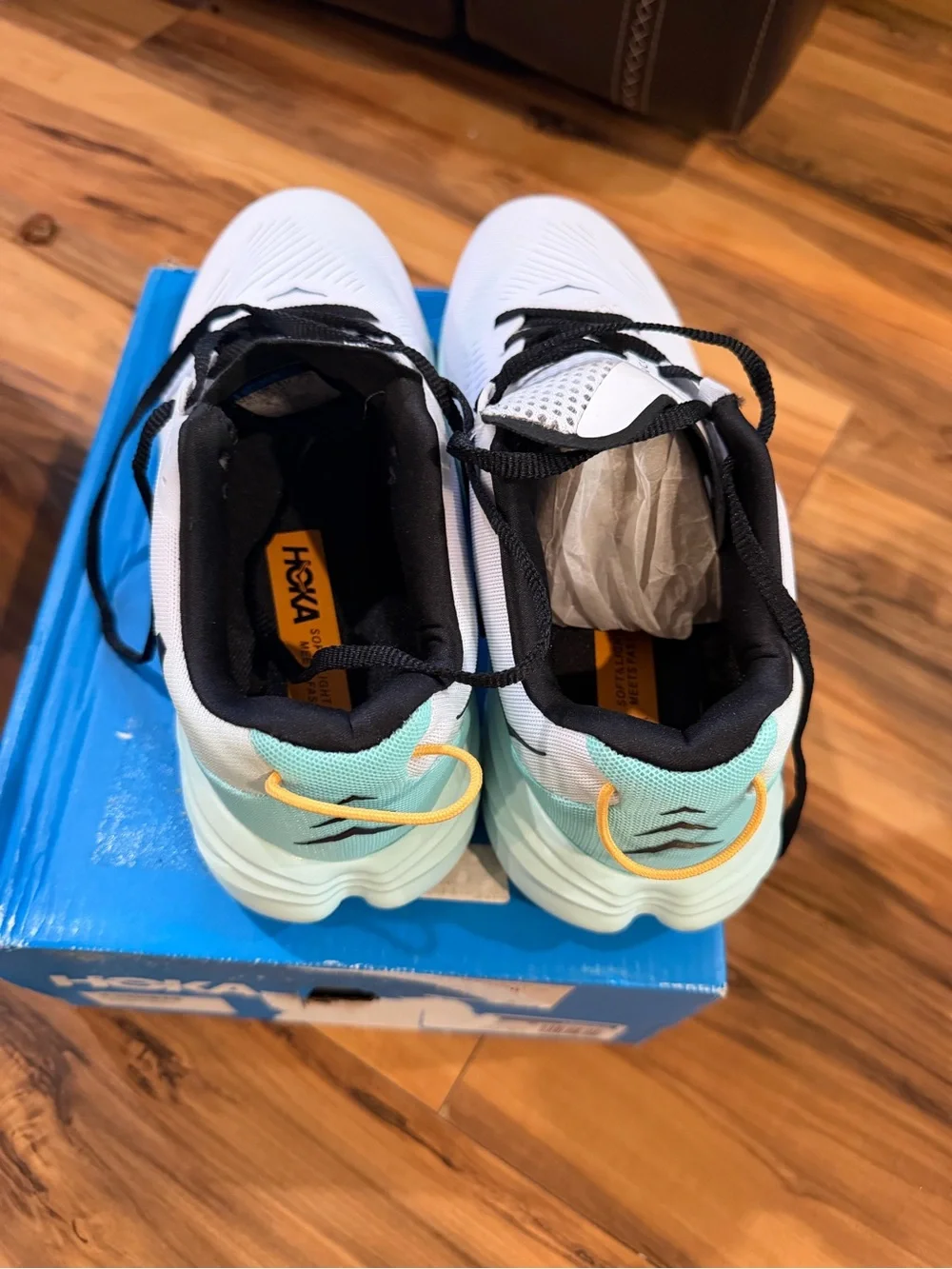 Hoka Kids White and Mint Lace-Up Sneakers with Black Accents